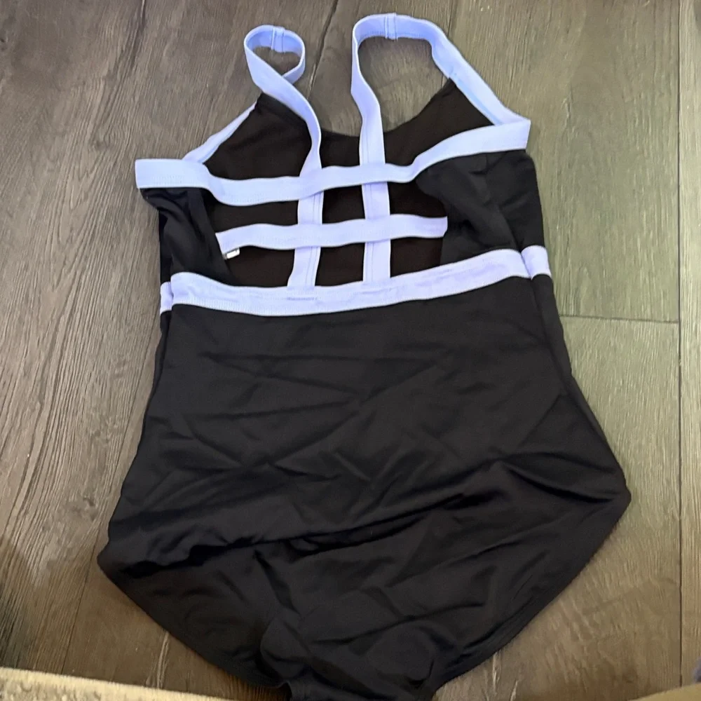 Balera Black One-Piece Leotard with Light Blue Trim Strappy back adult small - Picture 3 of 5